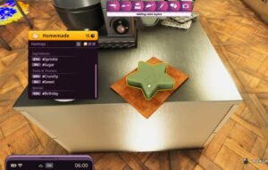 Screenshot of a YouTube video from a Cooking Simulator game, showing a greenish cookie-cake resting on a cutting board on a metal kitchen counter.